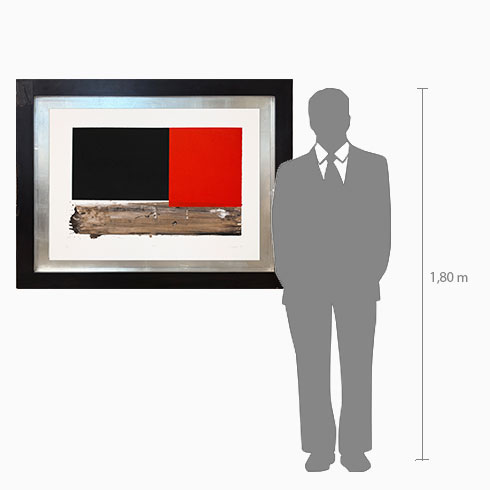 Simulación real dimensiones de obra gráfica de Rafael Canogar, Grabado al Aguafuerte Lecho a la venta